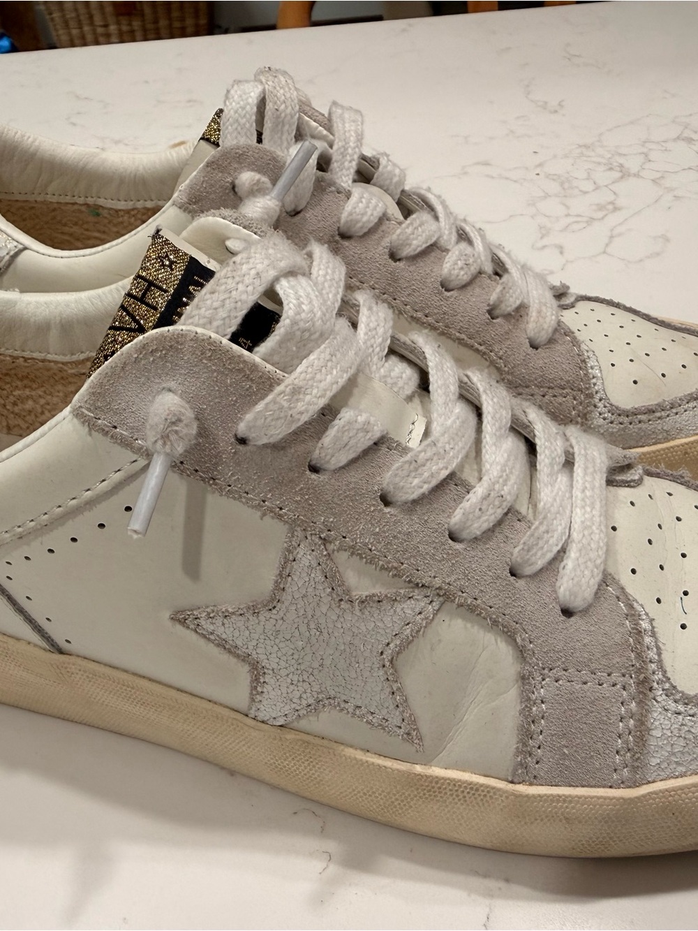 Vintage Havana White Leather & Light Gray Suede Star Lace-Up Sneakers